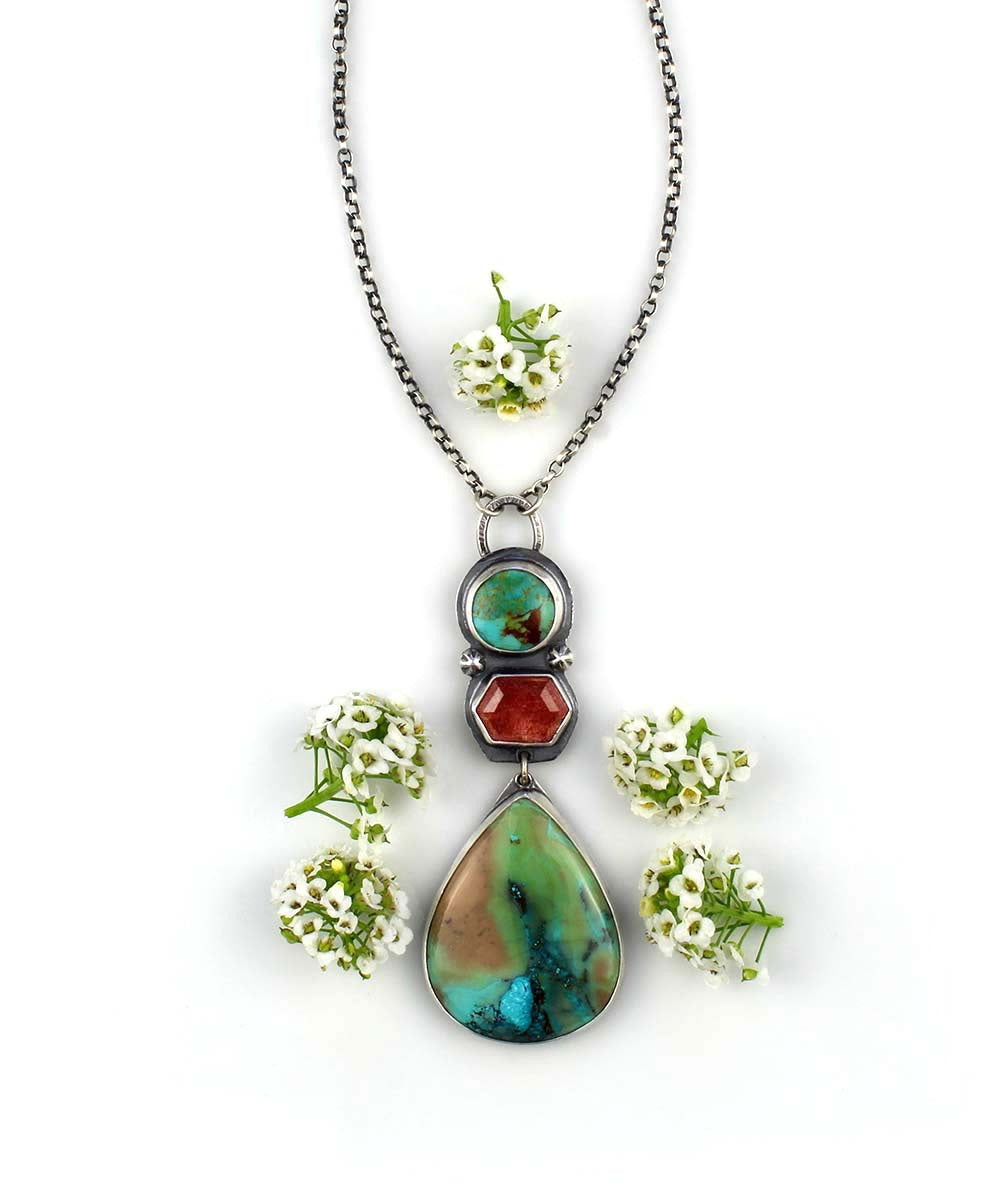 The Parting Seas - Shattuckite, Turquoise, and Strawberry Quartz Sterling Silver Necklace