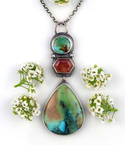 The Parting Seas - Shattuckite, Turquoise, and Strawberry Quartz Sterling Silver Necklace