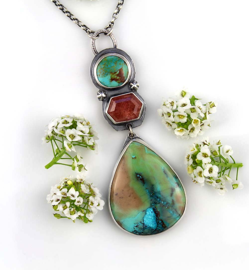 The Parting Seas - Shattuckite, Turquoise, and Strawberry Quartz Sterling Silver Necklace