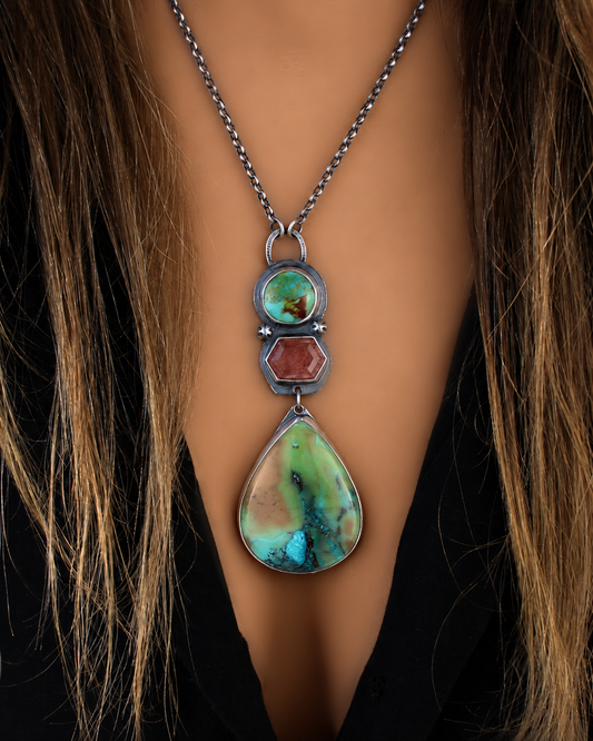 The Parting Seas - Shattuckite, Turquoise, and Strawberry Quartz Sterling Silver Necklace