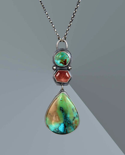 The Parting Seas - Shattuckite, Turquoise, and Strawberry Quartz Sterling Silver Necklace