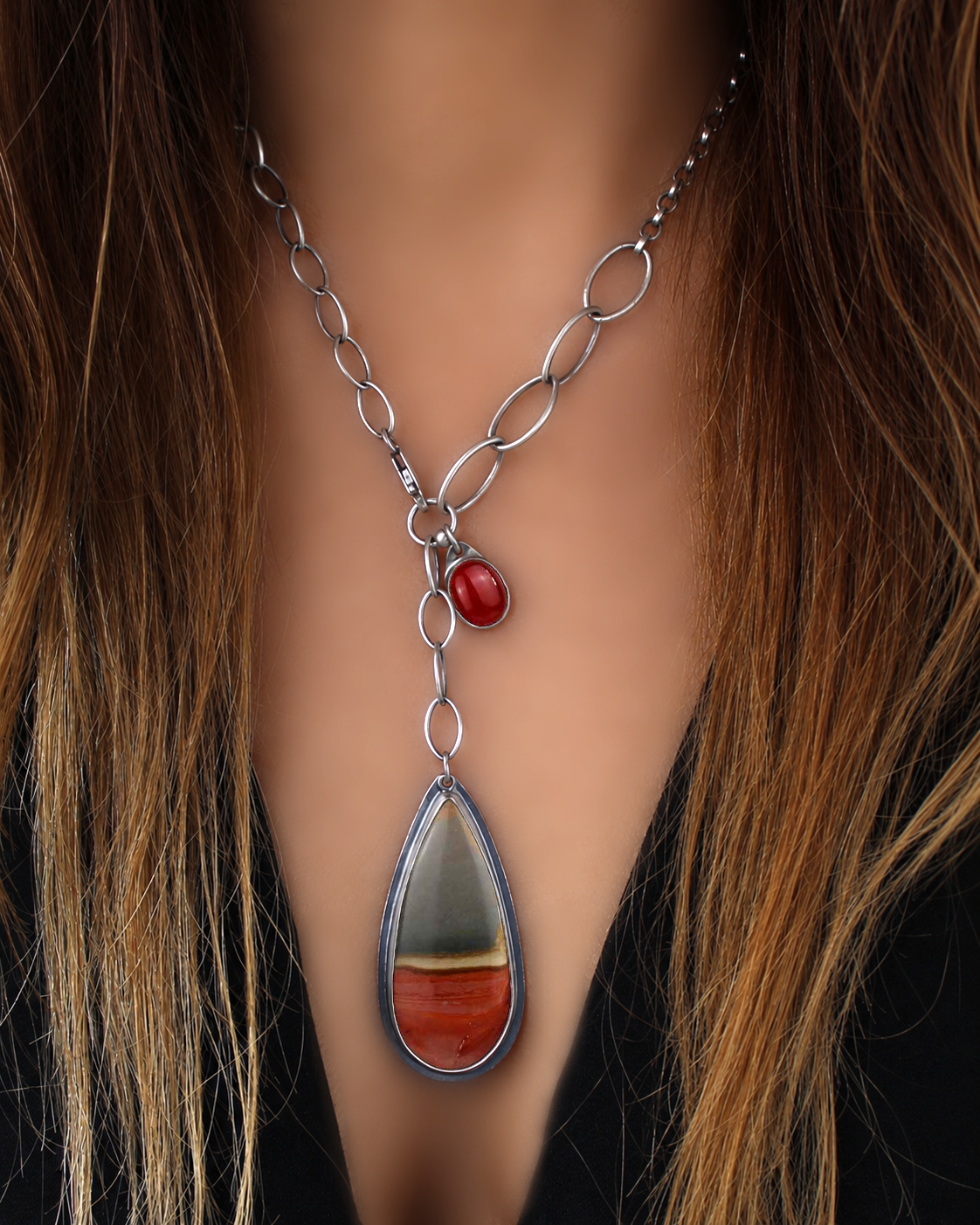 As Heaven Unfolds - Polychrome Jasper and Carnelian Sterling Silver Necklace