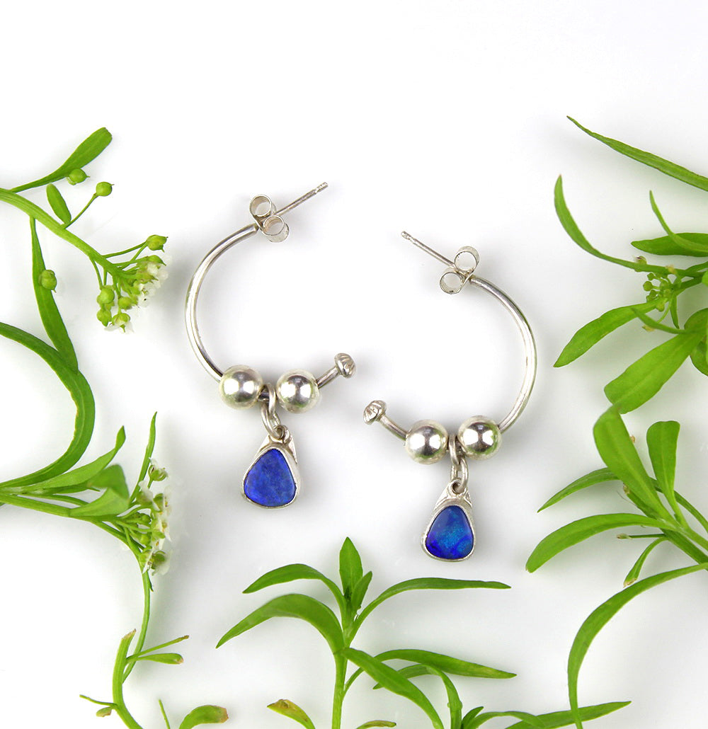 Gliding Through the Sky - Australian Opal Sterling Silver Hoop Earrings