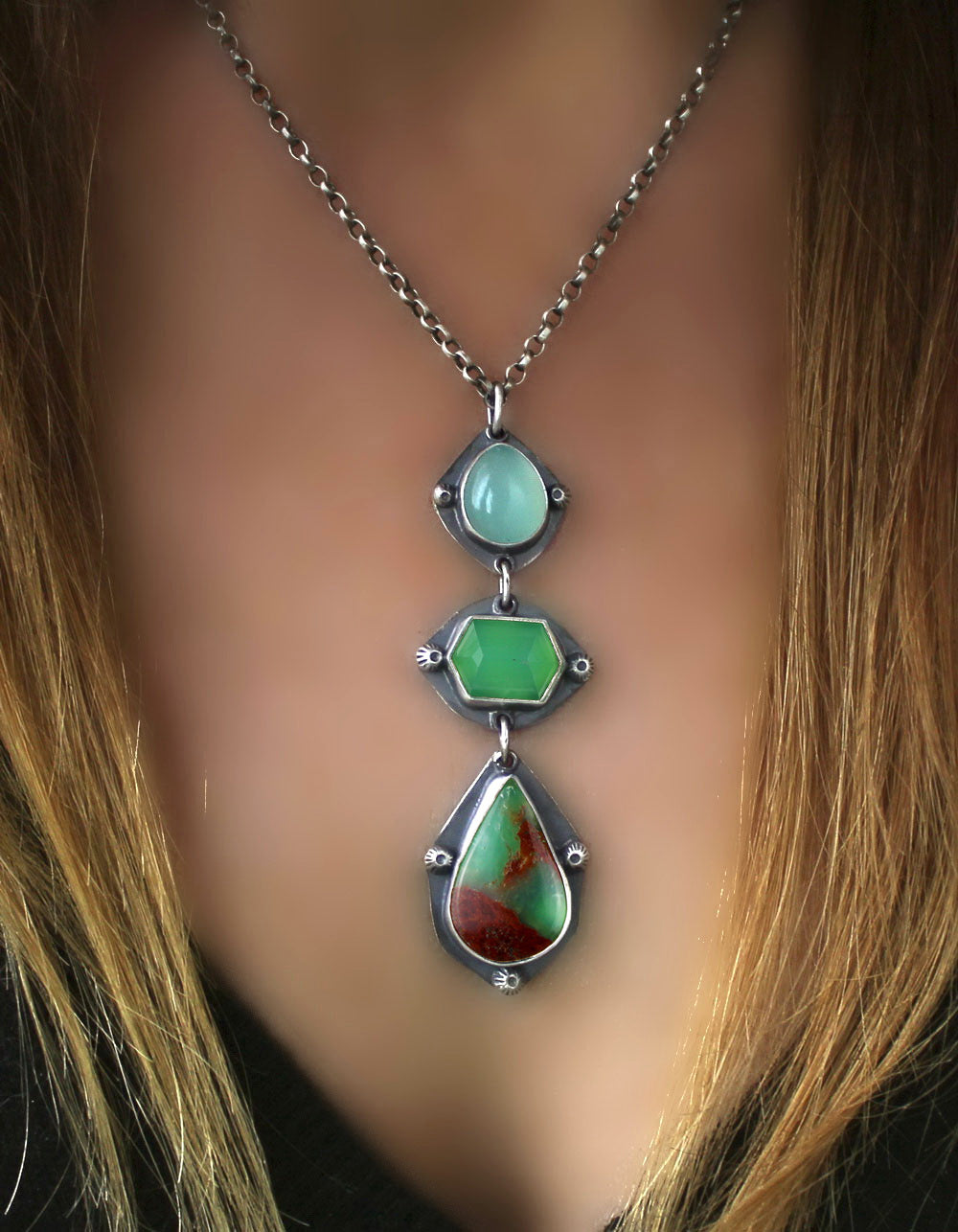Flowering the World - Chalcedony and Chrysoprase Sterling Silver Necklace