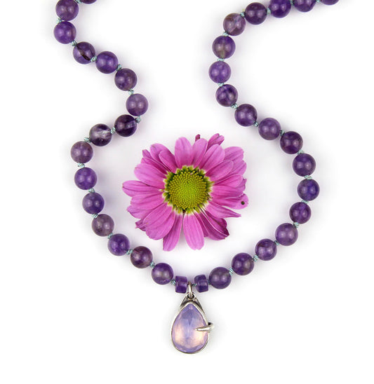 When Magic Arrived - Amethyst and Lavender Quartz Beaded Silk Knotted Necklace