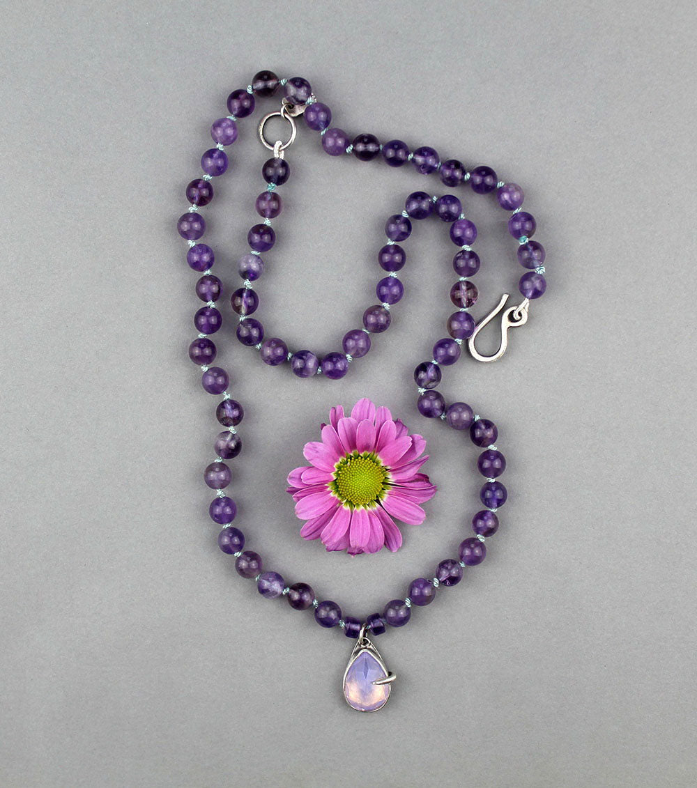 When Magic Arrived - Amethyst and Lavender Quartz Beaded Silk Knotted Necklace