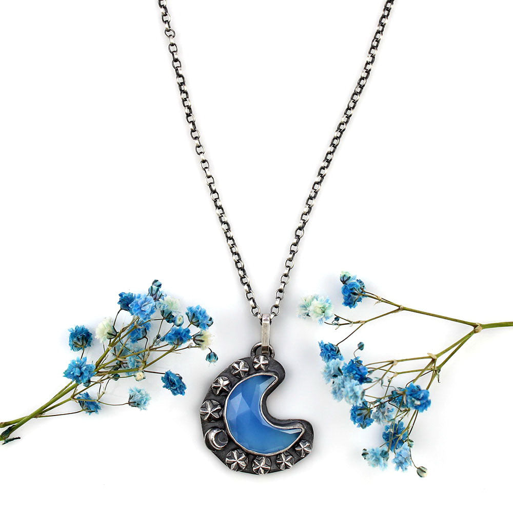 MADE TO ORDER :: Blue Moon Lake - Chalcedony Sterling Silver Moon Necklace