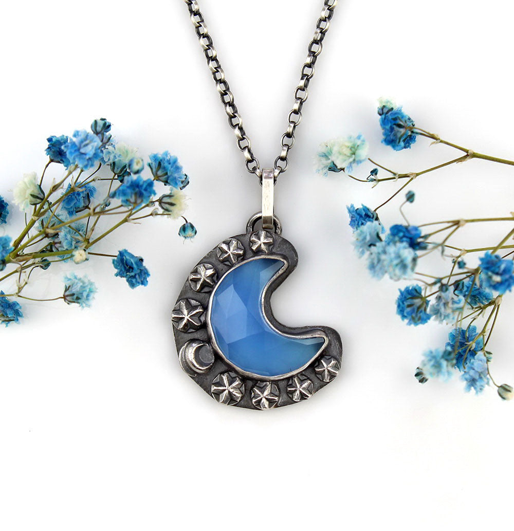 MADE TO ORDER :: Blue Moon Lake - Chalcedony Sterling Silver Moon Necklace