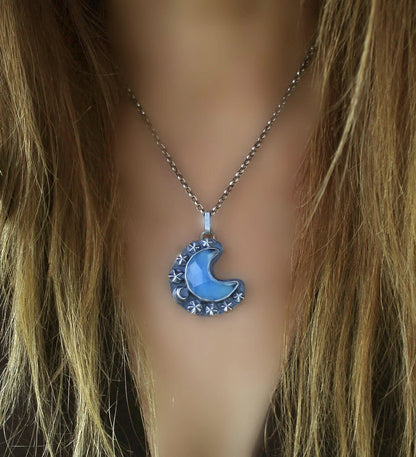 MADE TO ORDER :: Blue Moon Lake - Chalcedony Sterling Silver Moon Necklace