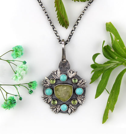 Asleep in the Meadow - Tourmaline and Peridot Sterling Silver Necklace