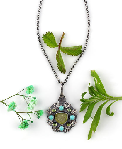 Asleep in the Meadow - Tourmaline and Peridot Sterling Silver Necklace