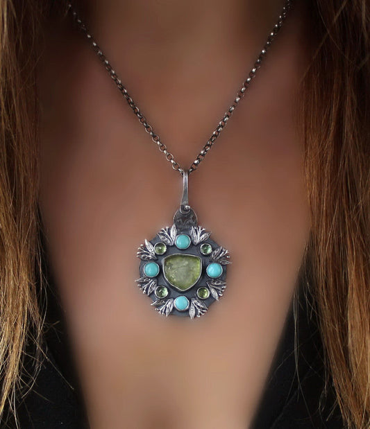 Asleep in the Meadow - Tourmaline and Peridot Sterling Silver Necklace