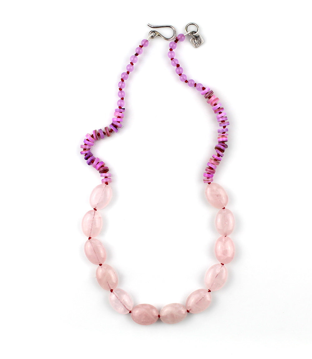 Resting on the Shore - Rose Quartz, Shell Heishi Beaded Silk Knotted Necklace
