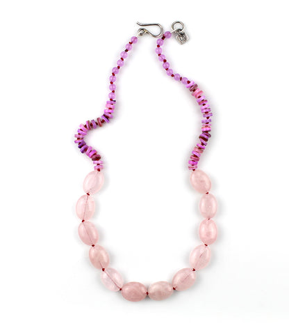 Resting on the Shore - Rose Quartz, Shell Heishi Beaded Silk Knotted Necklace