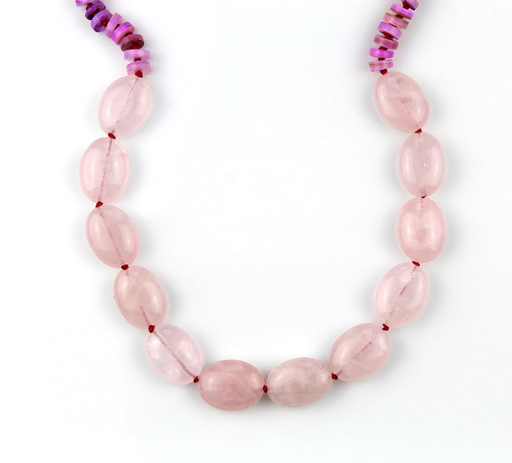 Resting on the Shore - Rose Quartz, Shell Heishi Beaded Silk Knotted Necklace