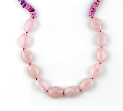 Resting on the Shore - Rose Quartz, Shell Heishi Beaded Silk Knotted Necklace
