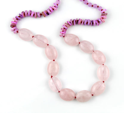 Resting on the Shore - Rose Quartz, Shell Heishi Beaded Silk Knotted Necklace