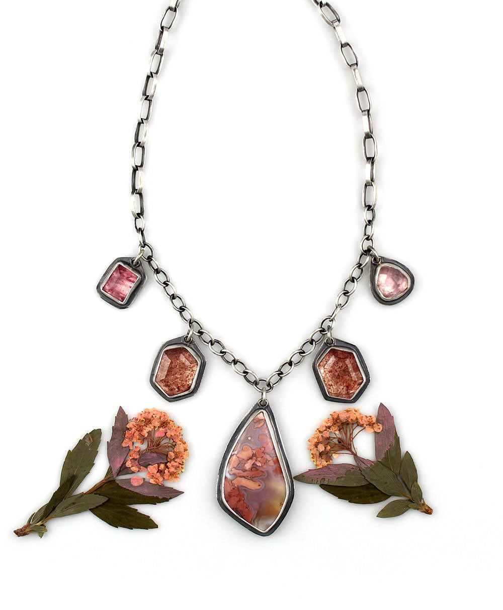 A Softer Heart - Cherry Blossom Agate, Strawberry Quartz, and Tourmaline Sterling Silver Necklace