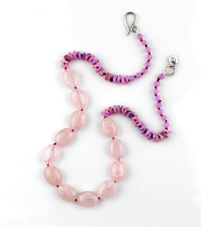 Resting on the Shore - Rose Quartz, Shell Heishi Beaded Silk Knotted Necklace