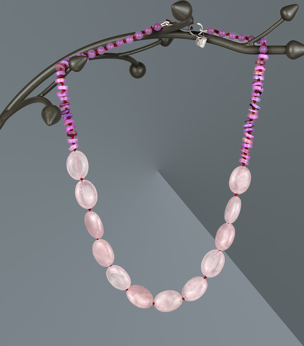 Resting on the Shore - Rose Quartz, Shell Heishi Beaded Silk Knotted Necklace