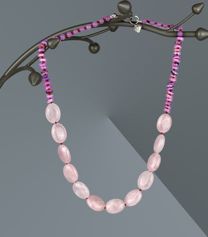 Resting on the Shore - Rose Quartz, Shell Heishi Beaded Silk Knotted Necklace