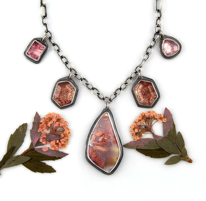 A Softer Heart - Cherry Blossom Agate, Strawberry Quartz, and Tourmaline Sterling Silver Necklace