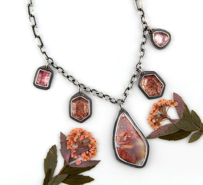 A Softer Heart - Cherry Blossom Agate, Strawberry Quartz, and Tourmaline Sterling Silver Necklace