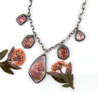 A Softer Heart - Cherry Blossom Agate, Strawberry Quartz, and Tourmaline Sterling Silver Necklace