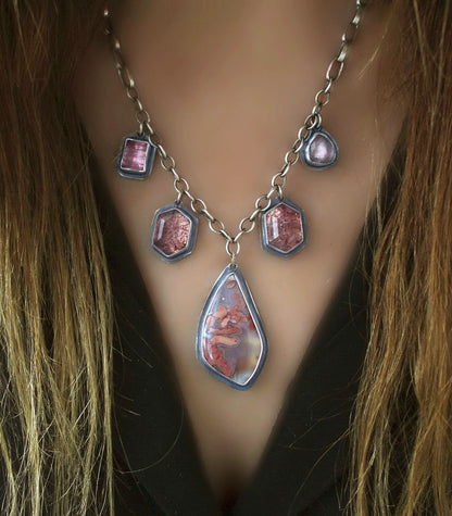 A Softer Heart - Cherry Blossom Agate, Strawberry Quartz, and Tourmaline Sterling Silver Necklace