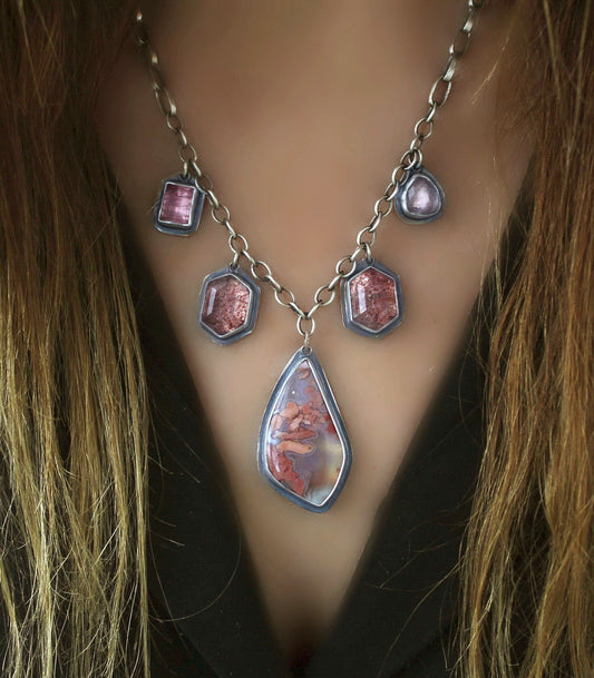 A Softer Heart - Cherry Blossom Agate, Strawberry Quartz, and Tourmaline Sterling Silver Necklace