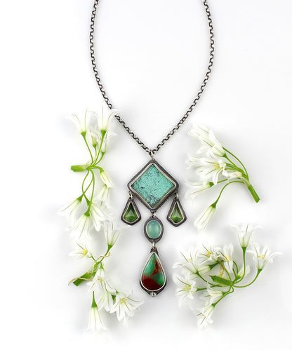 Beyond the Heavens - Turquoise, Serpentine, Chalcedony, and Chrysoprase Sterling Silver Necklace