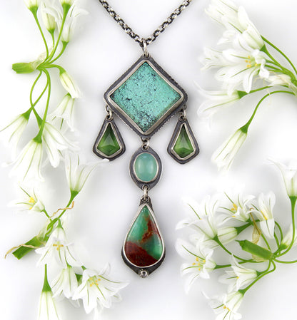 Beyond the Heavens - Turquoise, Serpentine, Chalcedony, and Chrysoprase Sterling Silver Necklace