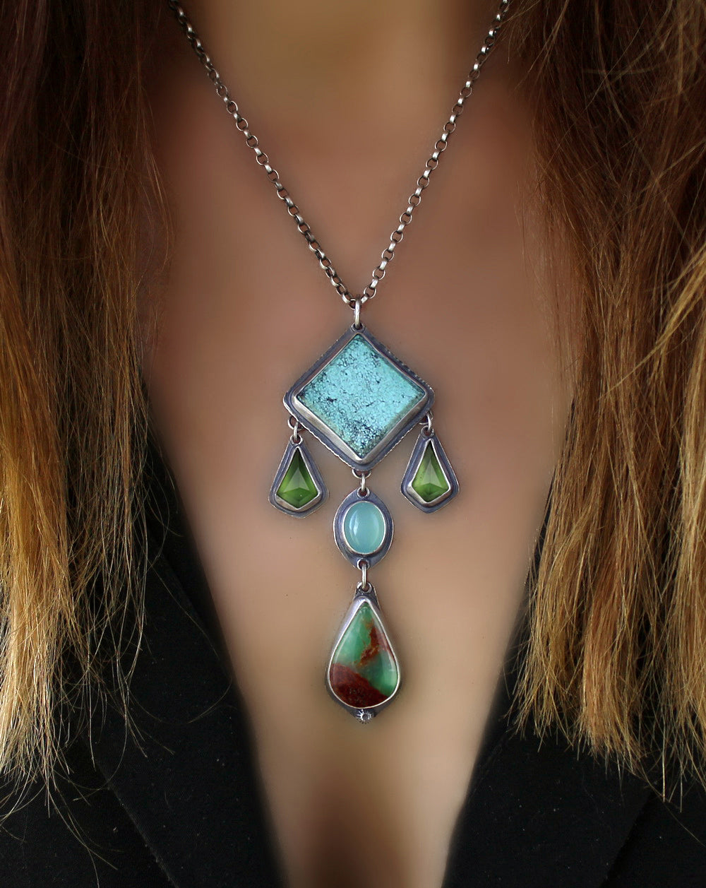 Beyond the Heavens - Turquoise, Serpentine, Chalcedony, and Chrysoprase Sterling Silver Necklace