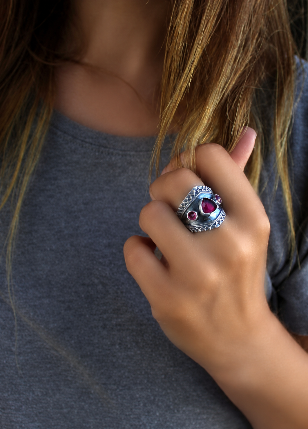 Inner Glow - Tourmaline and Garnet Sterling Silver Ring