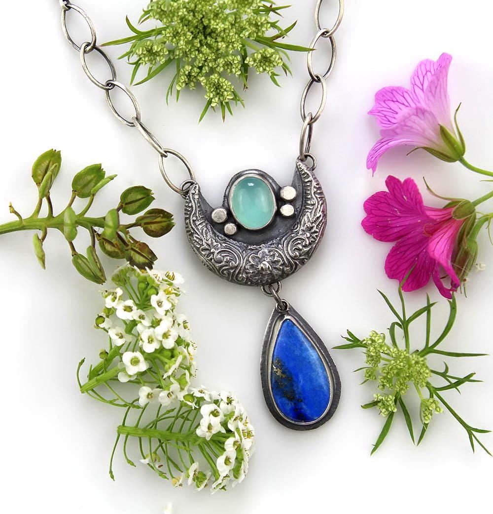 Blue Moon Lake - Lapis and Chalcedony Sterling Silver Moon Necklace