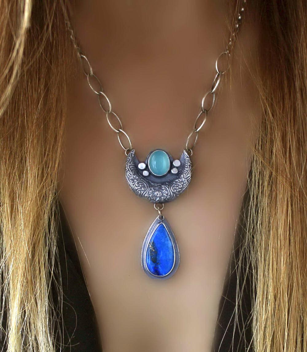 Blue Moon Lake - Lapis and Chalcedony Sterling Silver Moon Necklace
