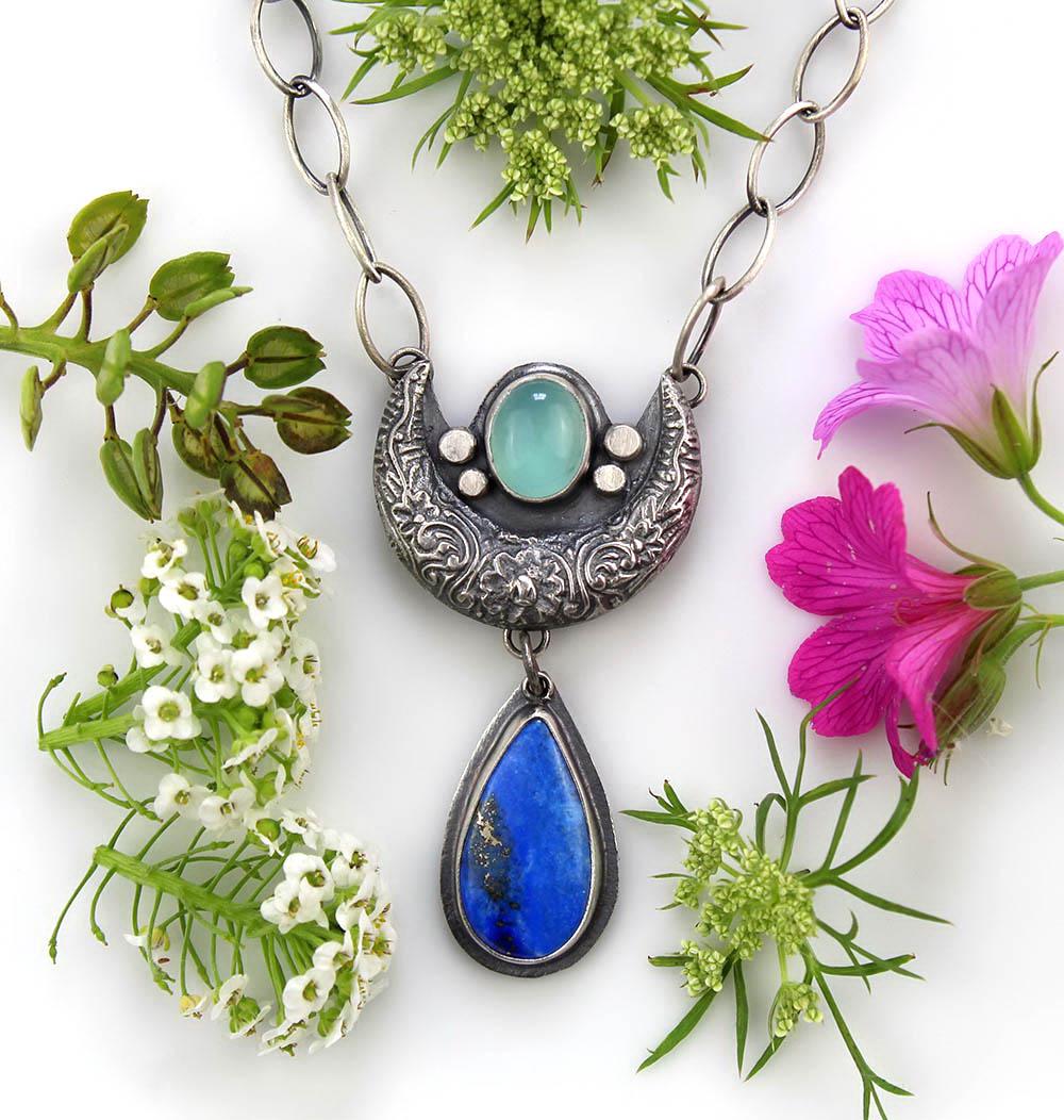 Blue Moon Lake - Lapis and Chalcedony Sterling Silver Moon Necklace