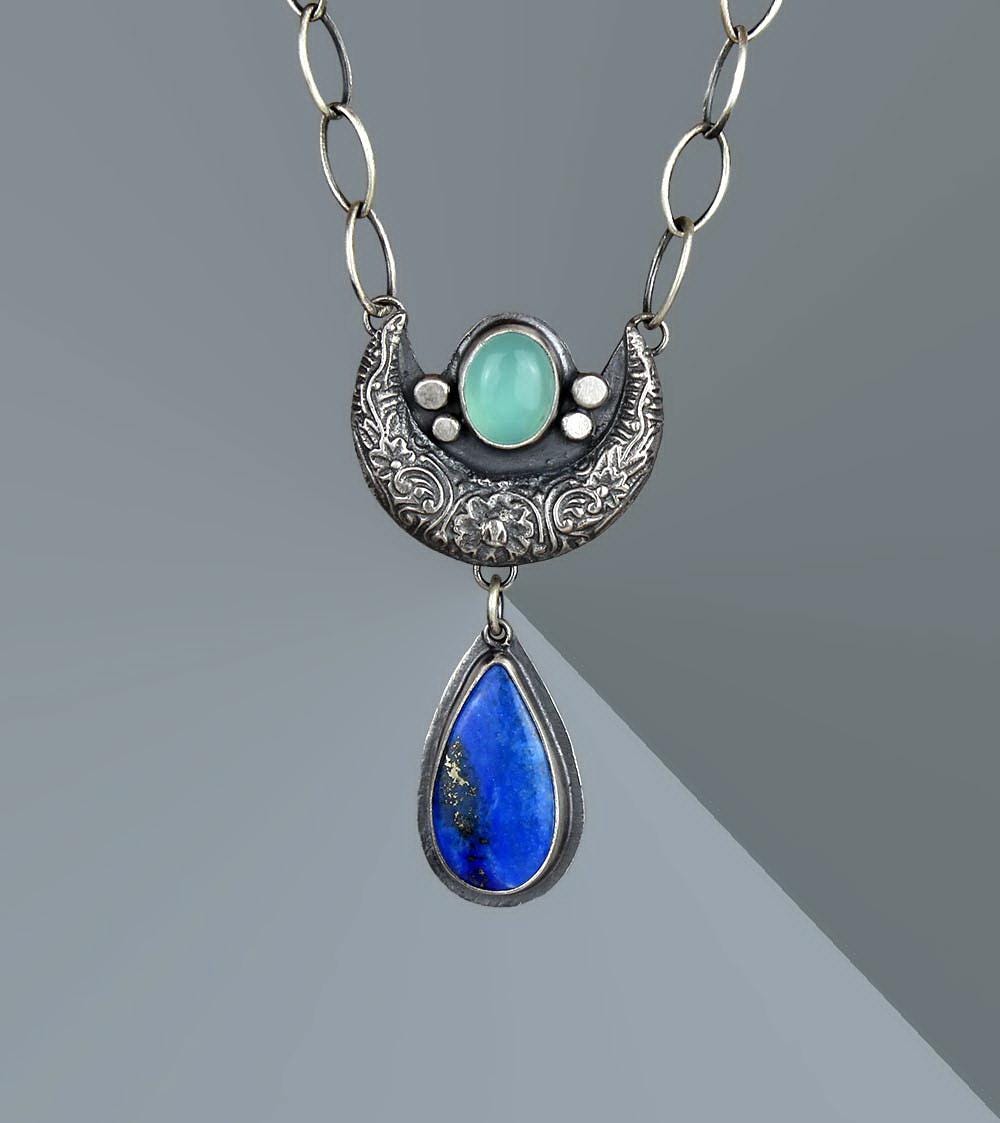 Blue Moon Lake - Lapis and Chalcedony Sterling Silver Moon Necklace