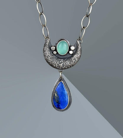 Blue Moon Lake - Lapis and Chalcedony Sterling Silver Moon Necklace