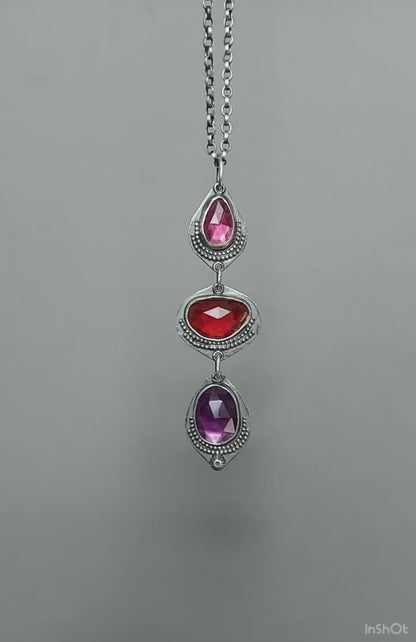Delving Within - Rhodolite Garnet, Hessonite Garnet, and Amethyst Sterling Silver Necklace